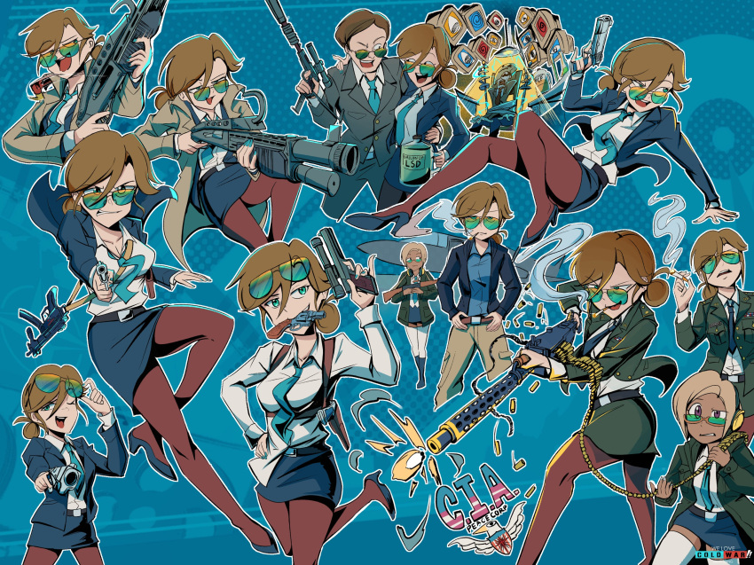2boys, 2girls, ammunition_belt, baneposting_(meme), black_pantyhose, blue_background, blue_jacket, blue_necktie