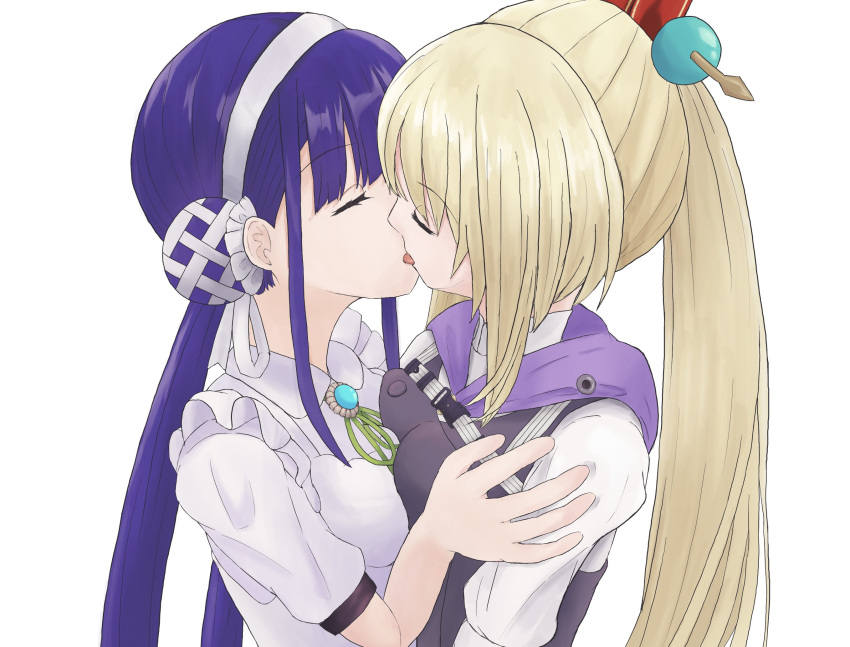 2girls, blonde_hair, blue_hair, breast_press, bun_cover, chest_harness, double_bun, green_ribbon, hair_bun, hair_ornament, hair_stick, harness, heaven_burns_red, high_ponytail, highres, kaki., kanzaki_adelheid, kiss, long_hair, multiple_girls, puffy_short_sleeves, puffy_sleeves, ribbon, satsuki_mari, short_sleeves, twintails, very_long_hair, yuri