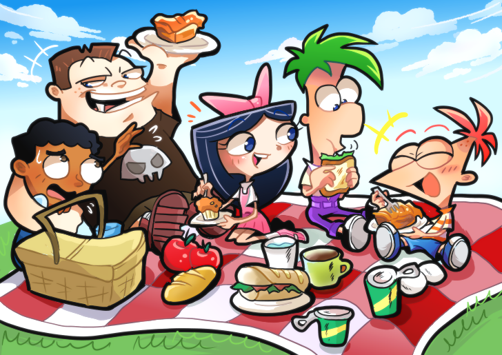 1girl, 4boys, apple, baljeet_tjinder, black_hair, bow, buford_van_stomm, child