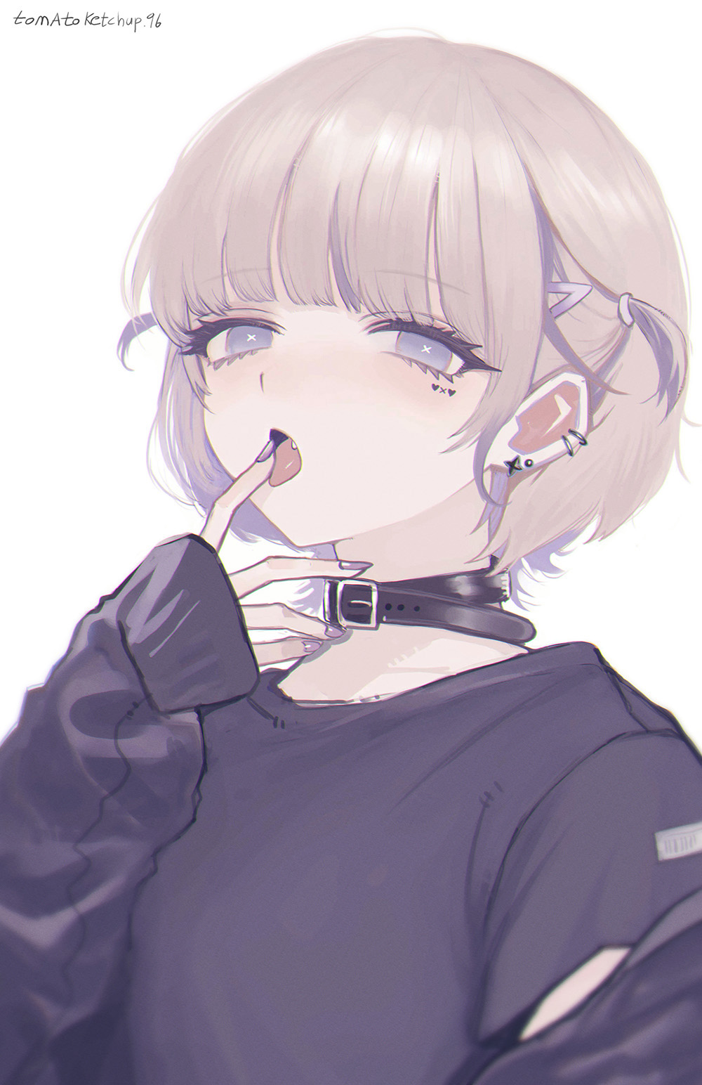1girl, blonde_hair, blush, collar, ear_piercing, earrings, facial_mark, fang