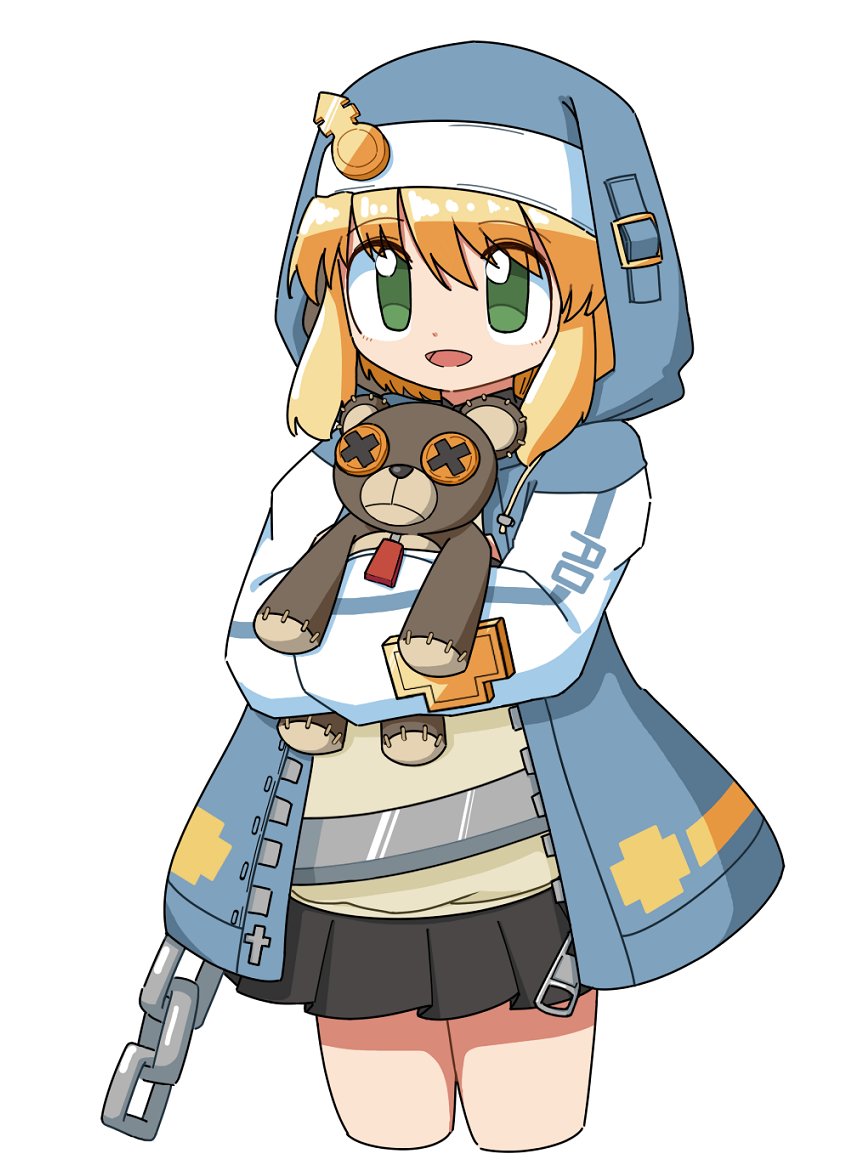 1girl, androgyne_symbol, black_skirt, blonde_hair, bridget_(guilty_gear), chain, cocia_(kosianko), female_focus, green_eyes, guilty_gear, habit, holding, holding_stuffed_toy, hood, hood_up, hooded_jacket, hoodie, jacket, long_sleeves, open_clothes, open_hoodie, open_mouth, skirt, smile, stuffed_animal, stuffed_toy, teddy_bear, white_background