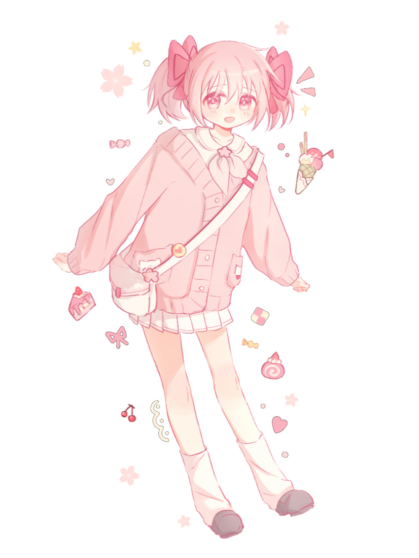 1girl, :d, alternate_costume, bag, black_footwear, bow, cake, cake_slice