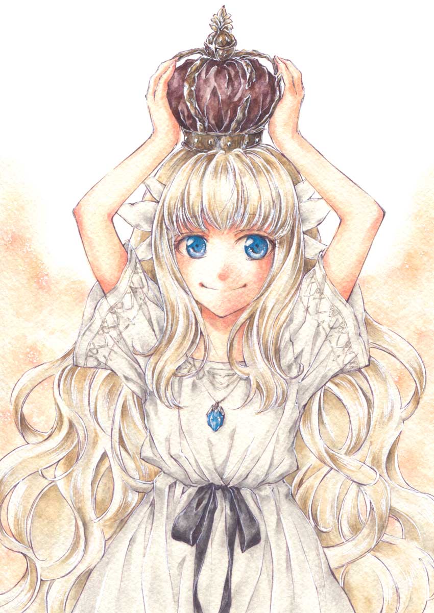1girl, arms_up, blonde_hair, blue_eyes, crown, dress, ender_lilies_quietus_of_the_knights, highres