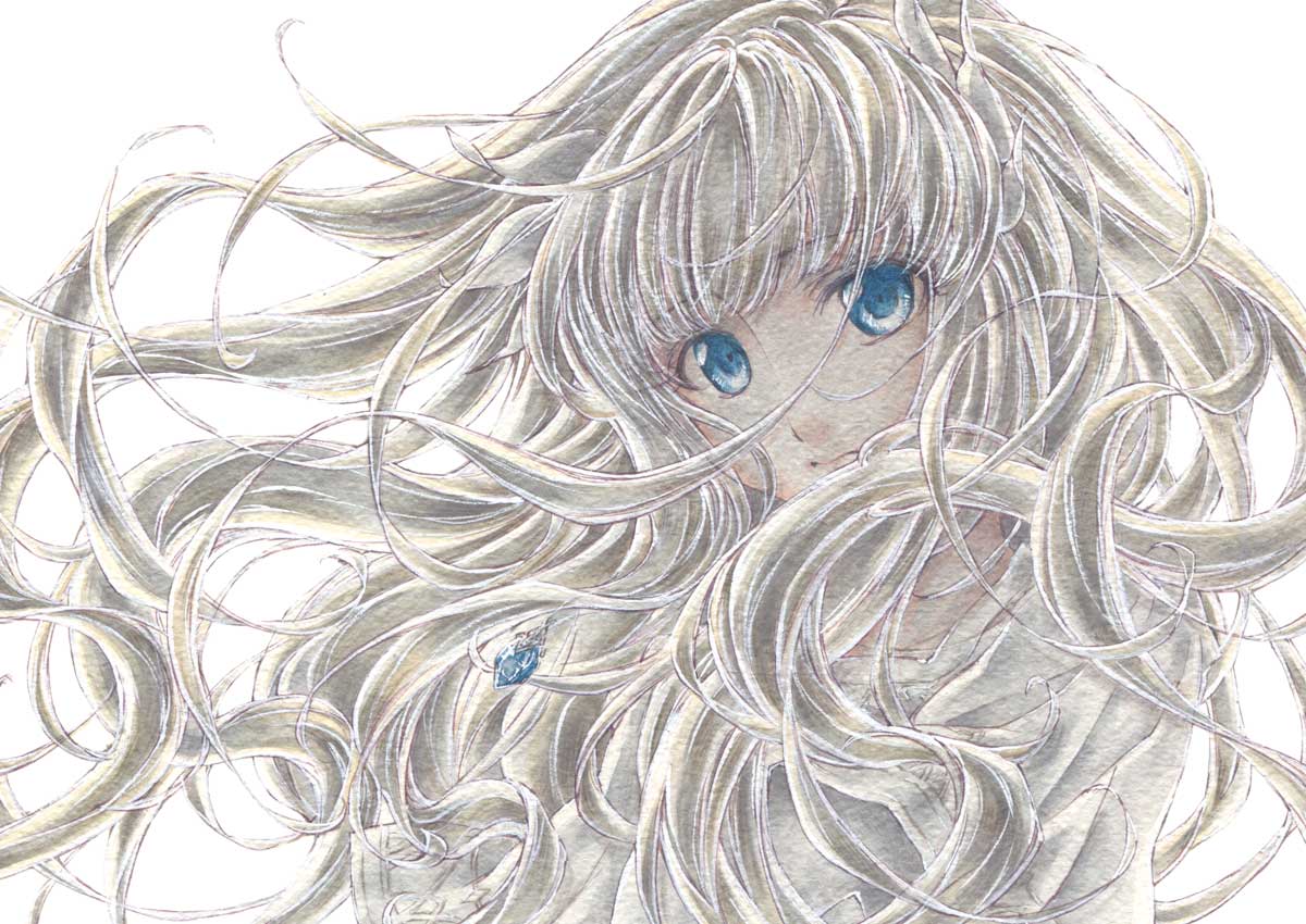 1girl, blue_eyes, dress, ender_lilies_quietus_of_the_knights, floating_hair, grey_hair, jewelry, lily_(ender_lilies)