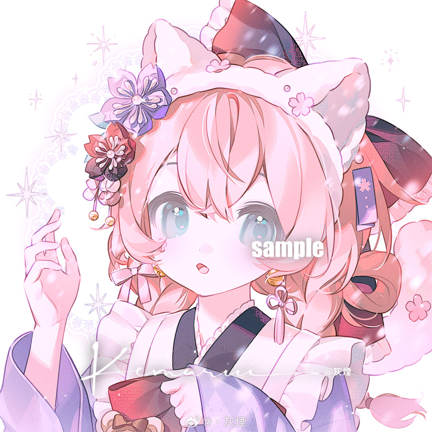 1girl, animal_ear_hairband, animal_ears, apron, bear_brooch, bell, bell_earrings, blue_eyes
