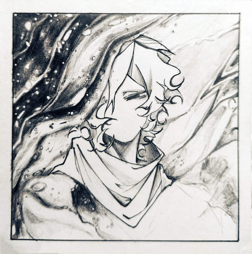 1boy, charcoal_(medium), chinese_commentary, commentary_request, greyscale, hair_between_eyes, highres, looking_at_viewer