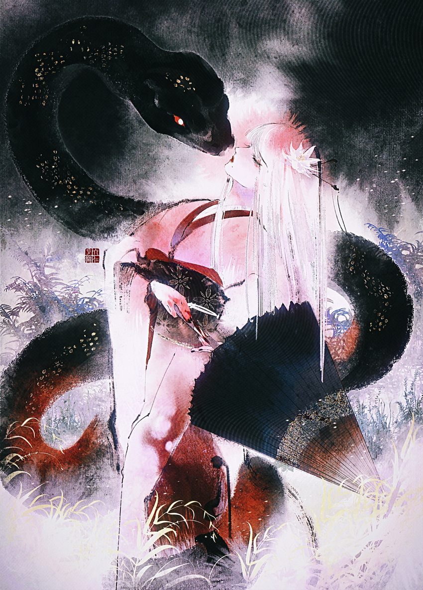 1girl, absurdres, alternate_color, animal, black_snake, blood, blood_on_hands, chinese_commentary