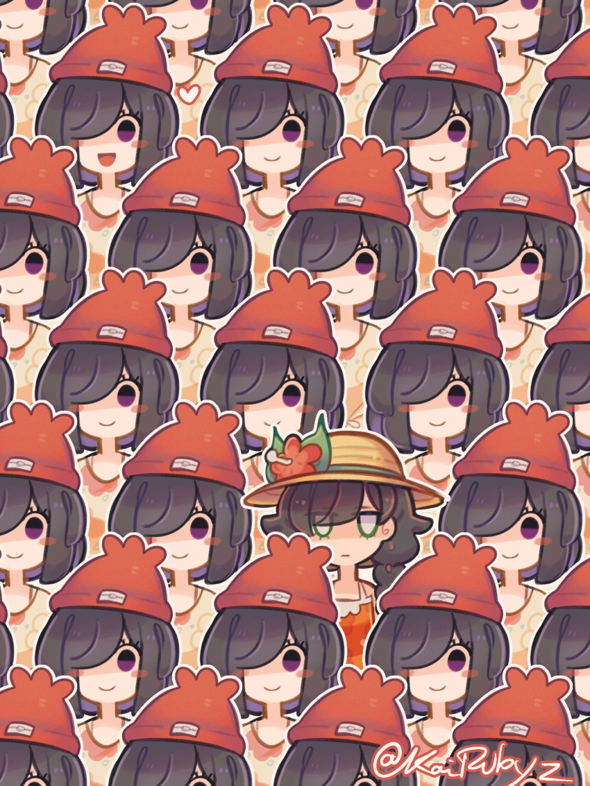 6+girls, :d, black_hair, blush_stickers, braid, brown_hat, closed_mouth, dual_persona