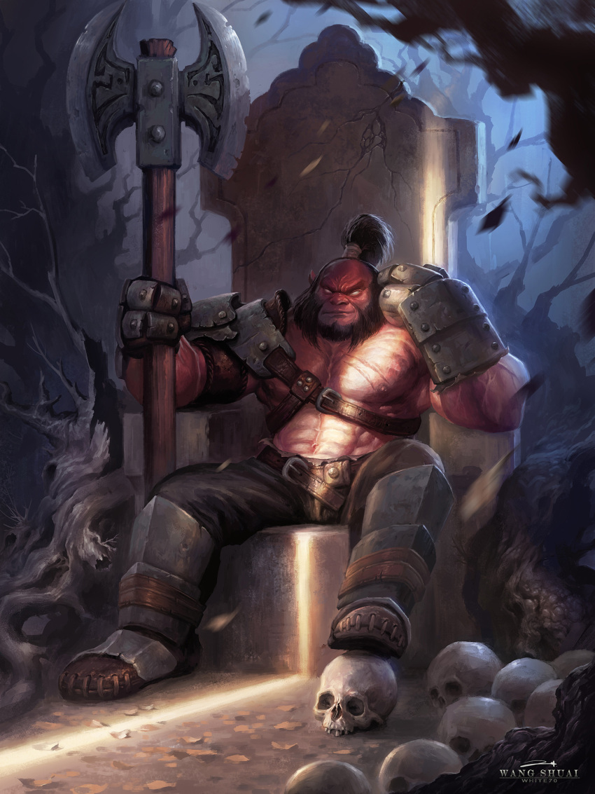 1boy, armor, artist_name, axe, axe_(dota), beard, black_hair, brown_pants, closed_mouth, colored_skin, dota_(series), dota_2, english_commentary, facial_hair, full_body, gauntlets, greaves, highres, holding, holding_axe, long_hair, male_focus, muscular, muscular_male, no_pupils, pants, pauldrons, ponytail, red_skin, shoulder_armor, single_pauldron, sitting, skull, smile, solo, throne, white70, yellow_eyes