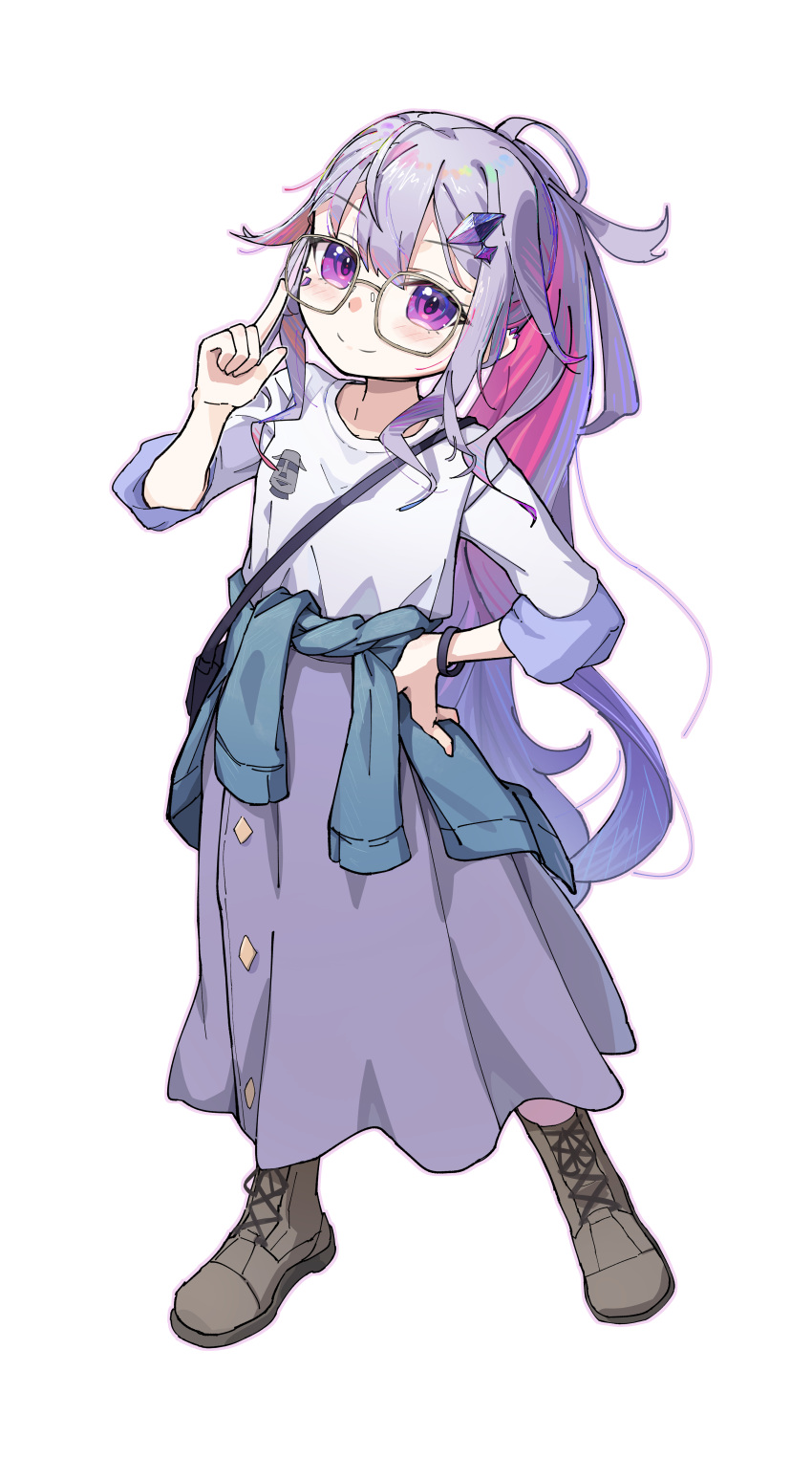 1girl, absurdres, adjusting_eyewear, ahoge, alternate_costume, alternate_hairstyle, bag, bespectacled