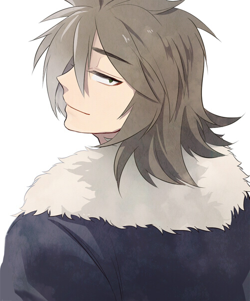 1boy, blue_jacket, brown_hair, closed_mouth, commentary_request, fur-trimmed_jacket, fur_trim, green_eyes