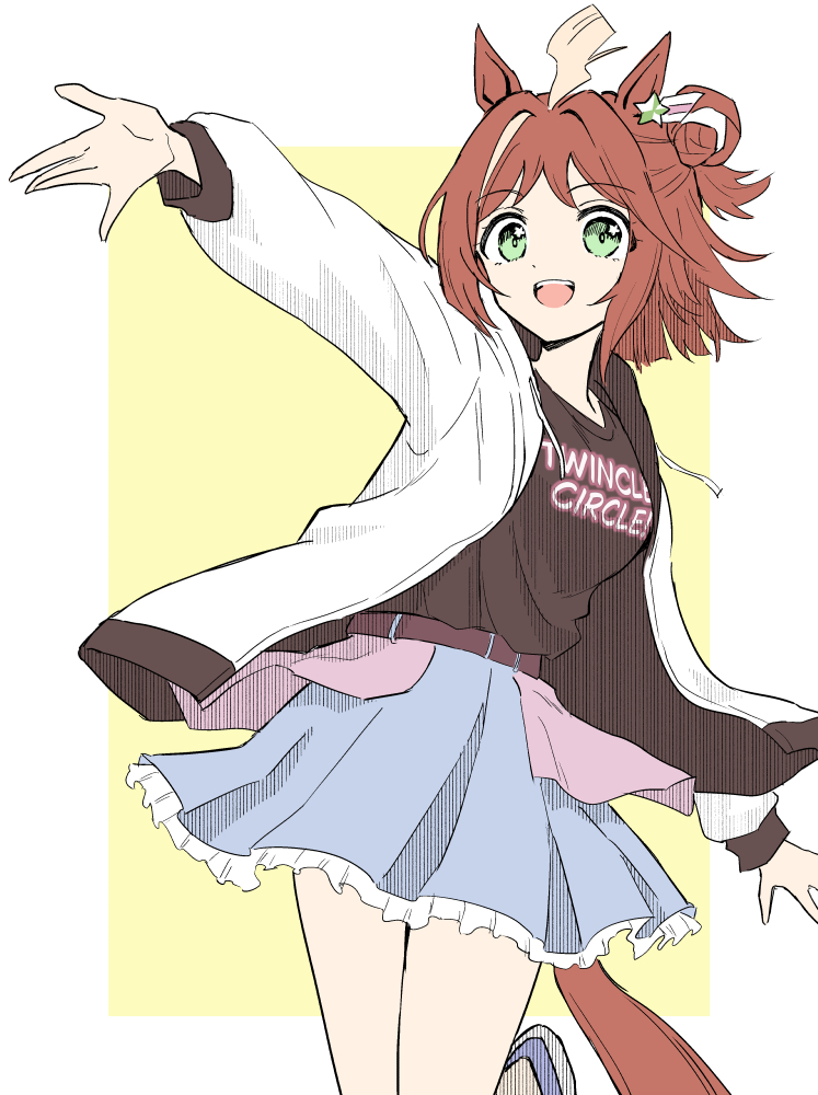1girl, ahoge, alternate_costume, arms_at_sides, belt, black_t-shirt, blush, breasts
