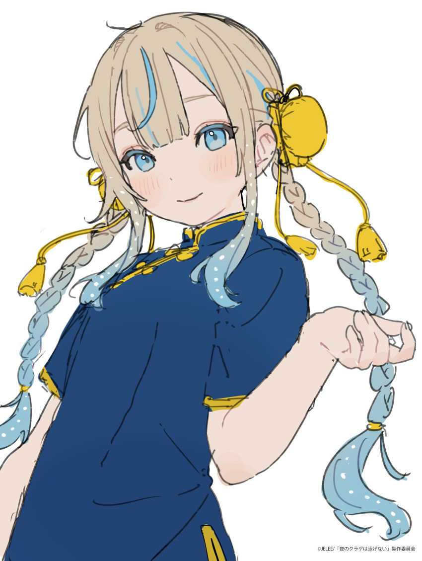 1girl, absurdres, blue_eyes, blue_hair, blue_shirt, blush, braid, bun_cover