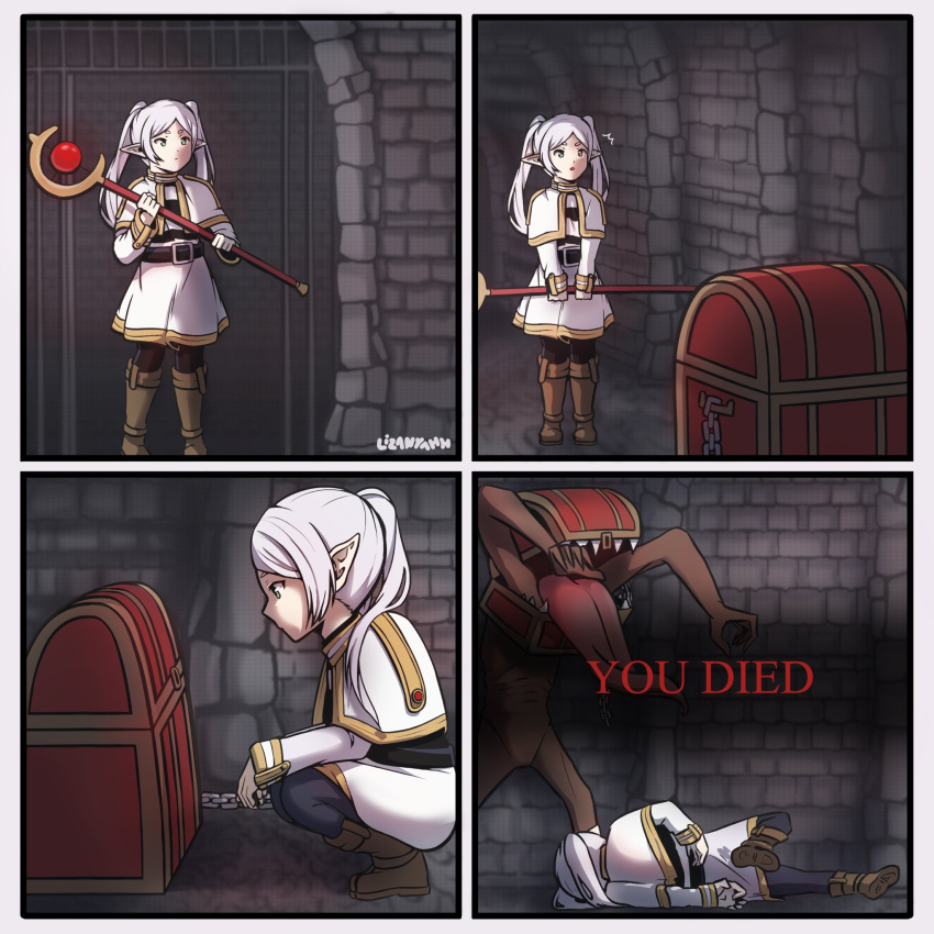 1girl, ^^^, artist_name, black_pantyhose, boots, brown_footwear, capelet, commentary, dungeon, elf, english_commentary, english_text, family_guy_death_pose_(meme), frieren, from_side, full_body, gold_trim, green_hair, hands_up, highres, holding, holding_staff, indoors, liza_(lizanyahh), long_hair, long_sleeves, loss_(meme), mage_staff, meme, mimic, mimic_chest, monster, pantyhose, parted_lips, pointy_ears, profile, sharp_teeth, skirt, sleeve_cuffs, sousou_no_frieren, squatting, staff, teeth, twintails, v-shaped_eyebrows, white_capelet, white_hair, white_skirt, you_died