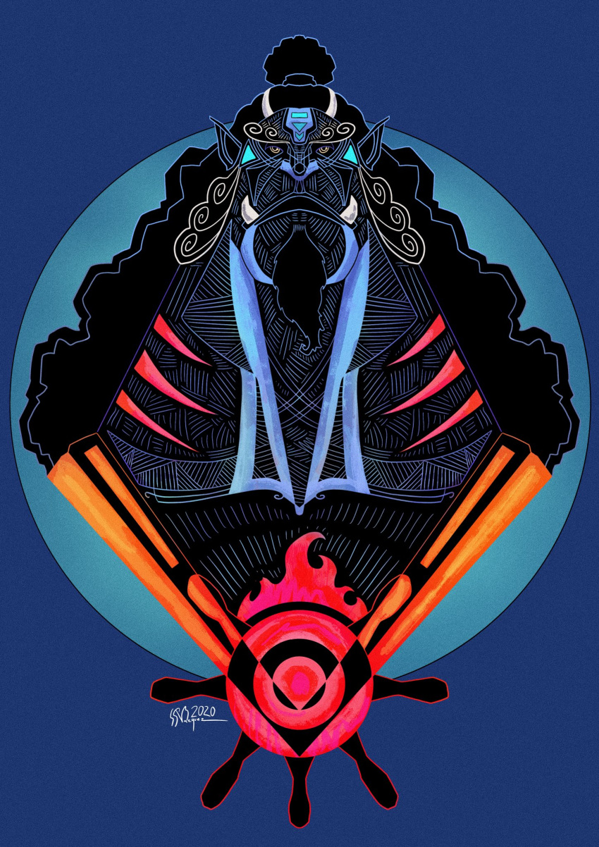 1boy, 2020, black_hair, chest_tattoo, commentary, cubismofriki, curly_eyebrows, english_commentary, facial_hair, fish_boy, gills, goatee, greek_painting_style, high_ponytail, highres, jinbe_(one_piece), long_hair, looking_at_viewer, male_focus, one_piece, open_mouth, ponytail, signature, solo, sun_tattoo, tan, tattoo, tusks