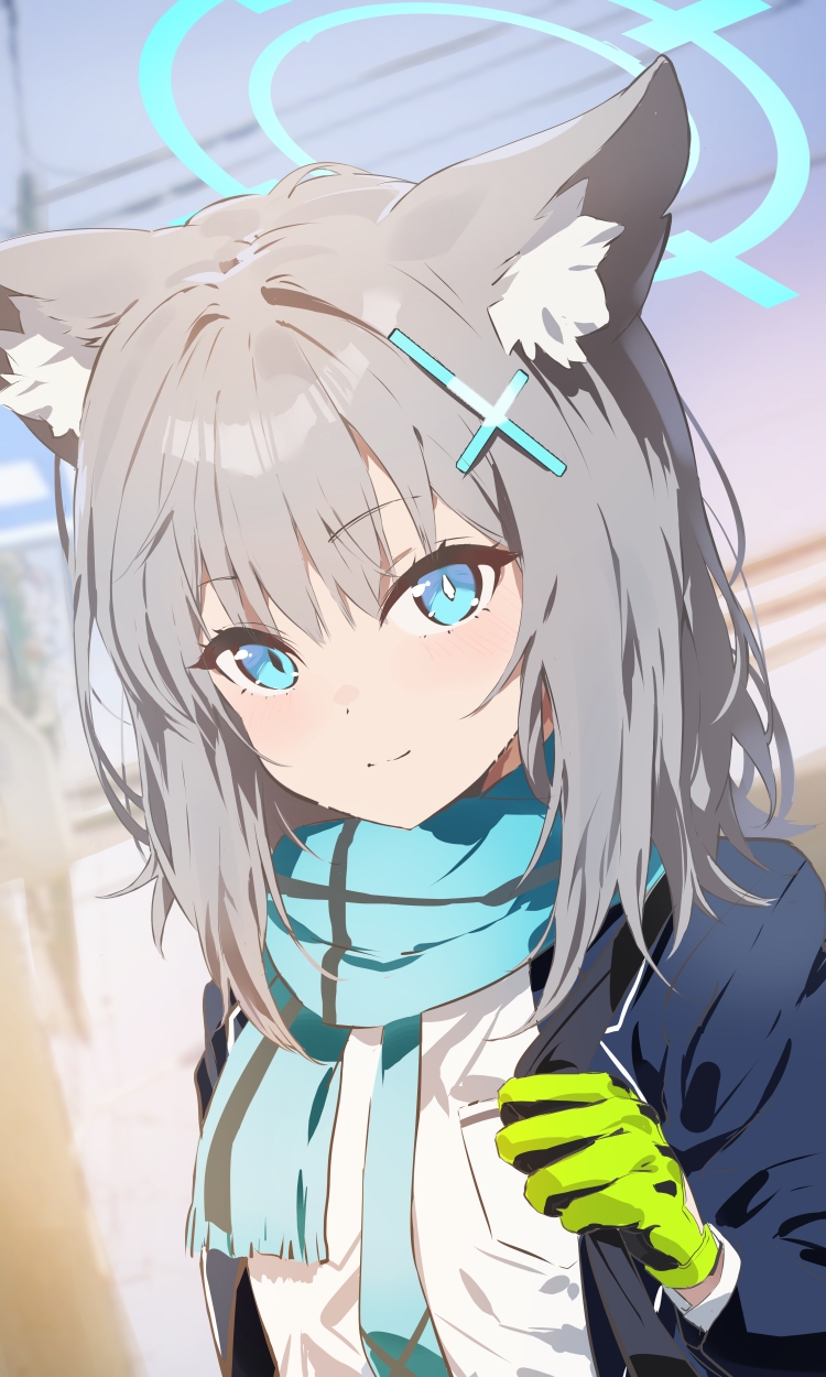 1girl, animal_ear_fluff, animal_ears, blue_archive, blue_eyes, blue_jacket, blue_scarf, blush