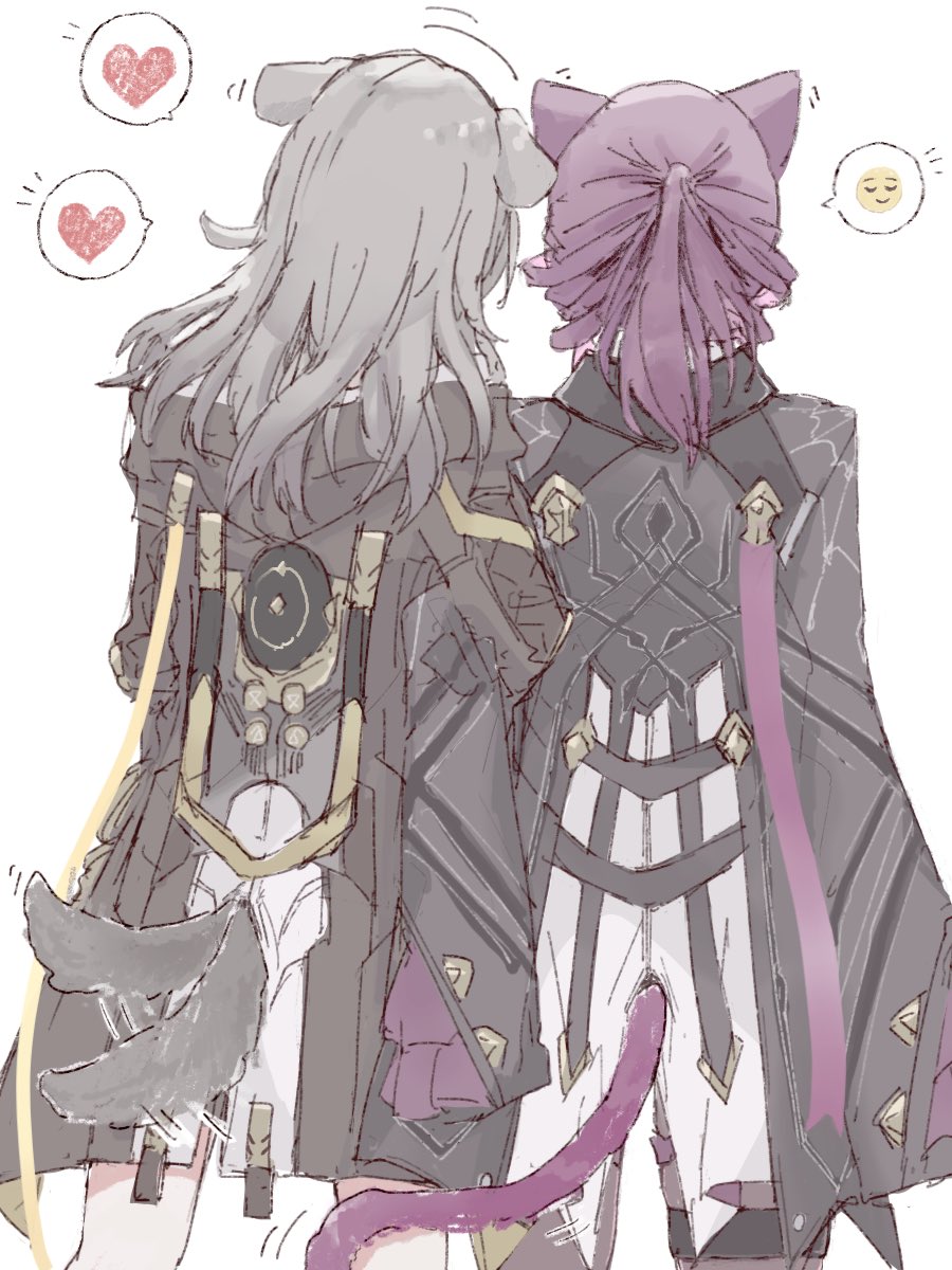 2girls, animal_ears, black_coat, caedeimo, cat_ears, cat_girl, cat_tail, coat