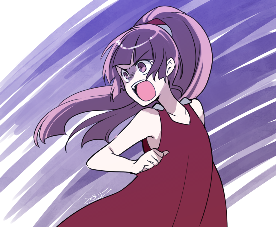1girl, blunt_bangs, brown_eyes, brown_hair, commentary_request, dress, hand_up, kumazaki_karen