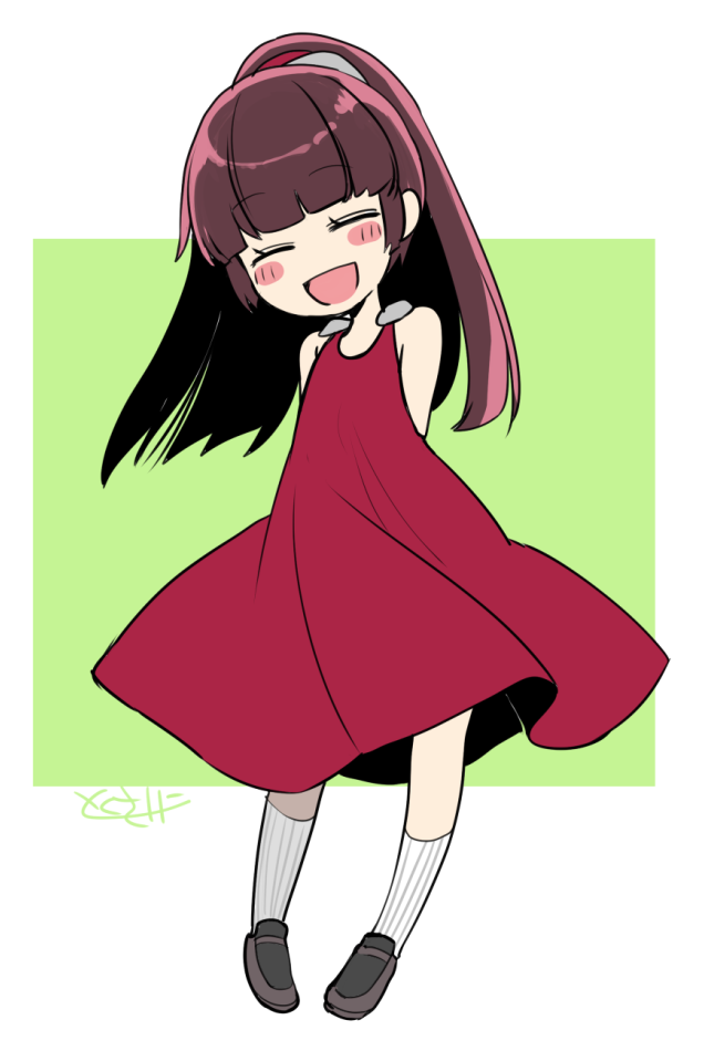 1girl, :d, arms_behind_back, blunt_bangs, blush_stickers, brown_footwear, brown_hair, closed_eyes