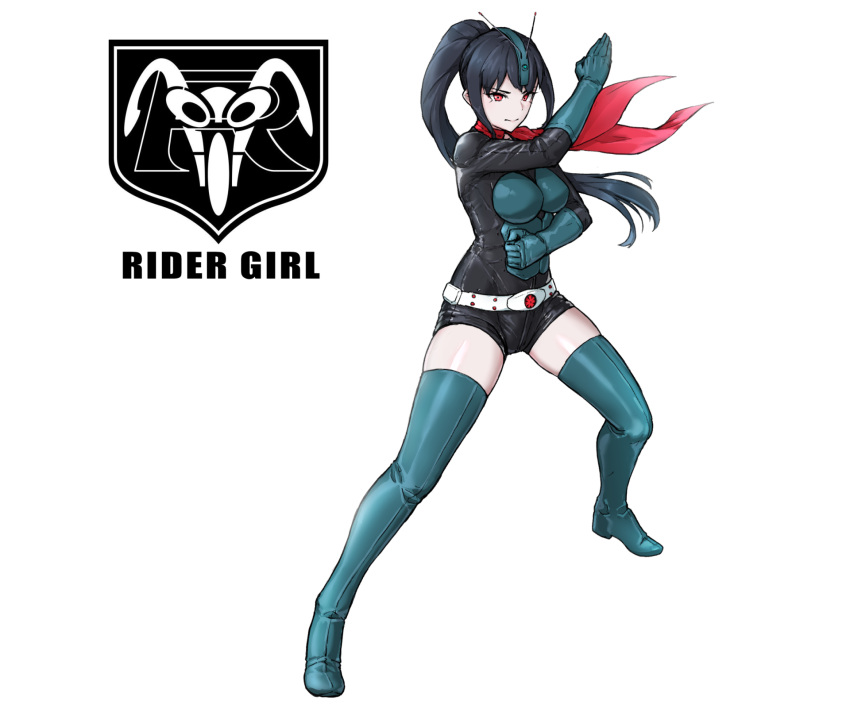 1girl, aqua_footwear, aqua_gloves, belt, black_bodysuit, black_hair, bodysuit, boots, commentary_request, eidenjyou1997, genderswap, genderswap_(mtf), gloves, green_footwear, green_gloves, high_ponytail, highres, kamen_rider, kamen_rider_(1st_series), kamen_rider_1, logo, long_hair, ponytail, red_eyes, red_scarf, rider-tan, rider_belt, scarf, shorts, solo, thigh_boots, typhoon_(kamen_rider), white_background, white_belt