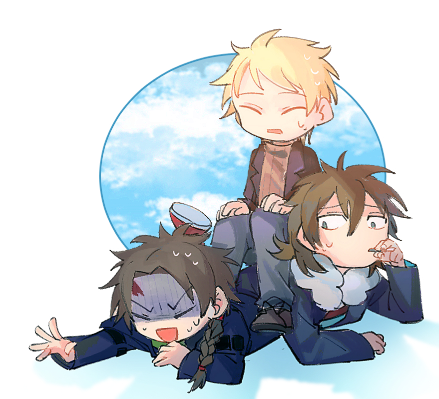 3boys, atou_haruki, black_jacket, blonde_hair, blue_jacket, brown_hair, brown_sweater, closed_eyes