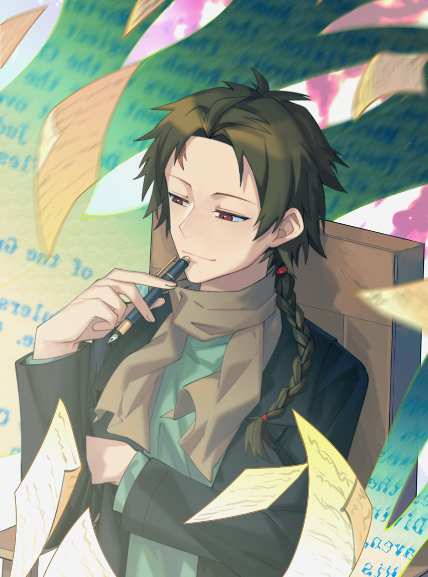 1boy, black_jacket, braid, brown_hair, brown_scarf, closed_mouth, commentary, fengtian_(artist)