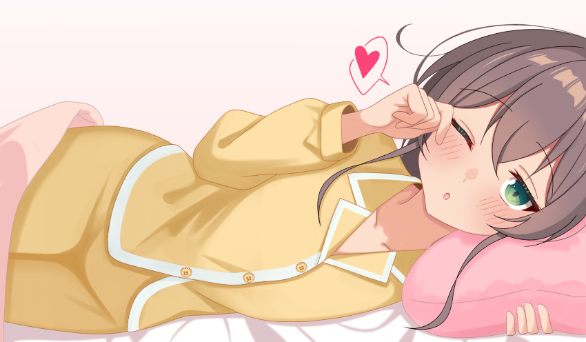1girl, :o, absurdres, bed_sheet, blush, brown_hair, collarbone, collared_shirt