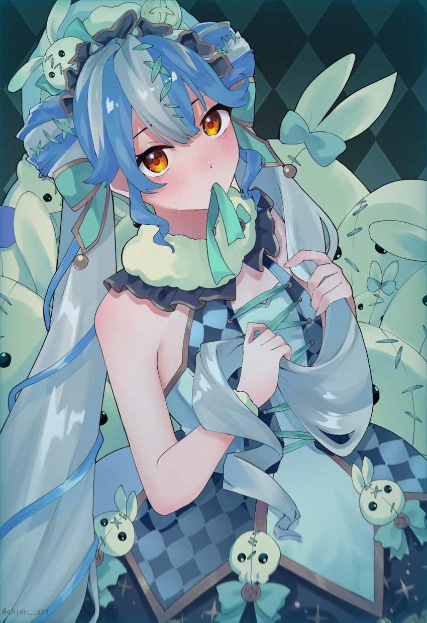 1girl, blue_hair, blush, hat, highres, holding, holding_own_hair, long_hair