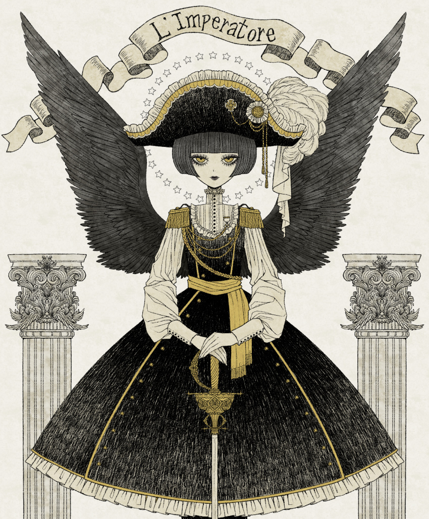 1girl, bicorne, black_dress, black_hat, black_wings, bob_cut, buttons, dress