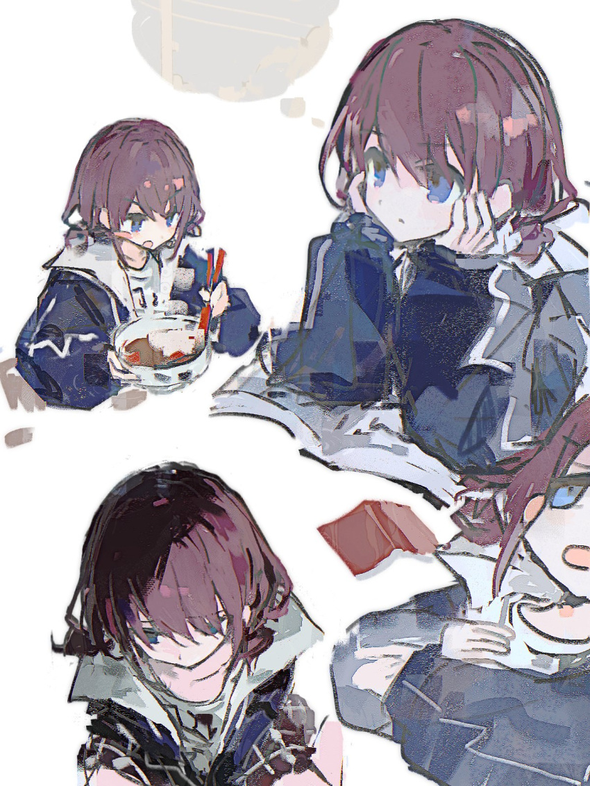 1girl, blue_eyes, blue_jacket, blush, book, brown_hair, chopsticks, commentary, girls_band_cry, head_rest, highres, hk_0124, holding, holding_chopsticks, hood, hood_down, hooded_jacket, iseri_nina, jacket, long_hair, low_twintails, multiple_views, open_book, open_mouth, short_hair, short_twintails, simple_background, twintails, white_background