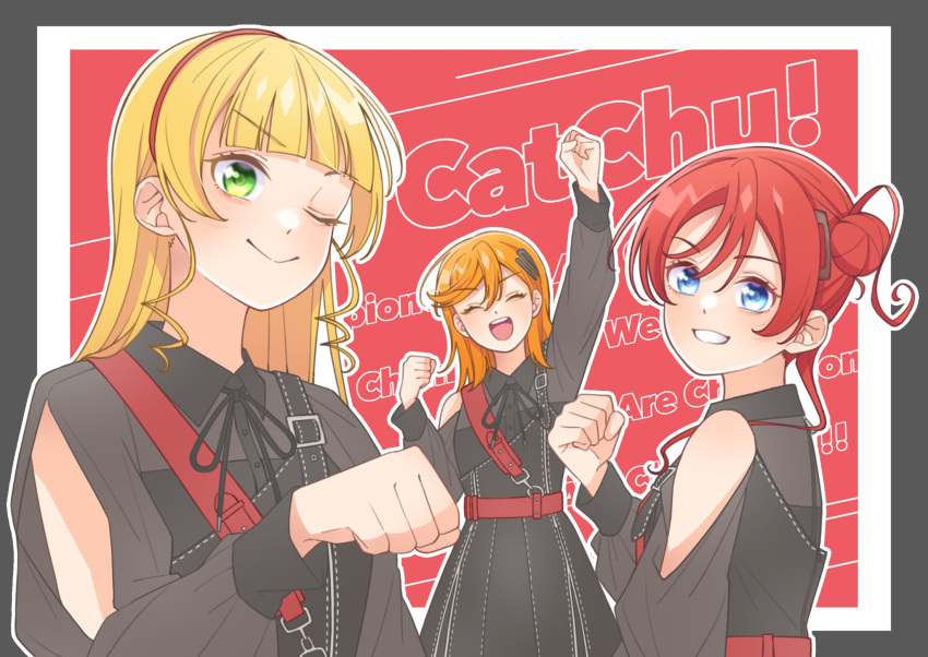3girls, arm_up, black_dress, black_ribbon, blonde_hair, blue_eyes, blunt_bangs, border