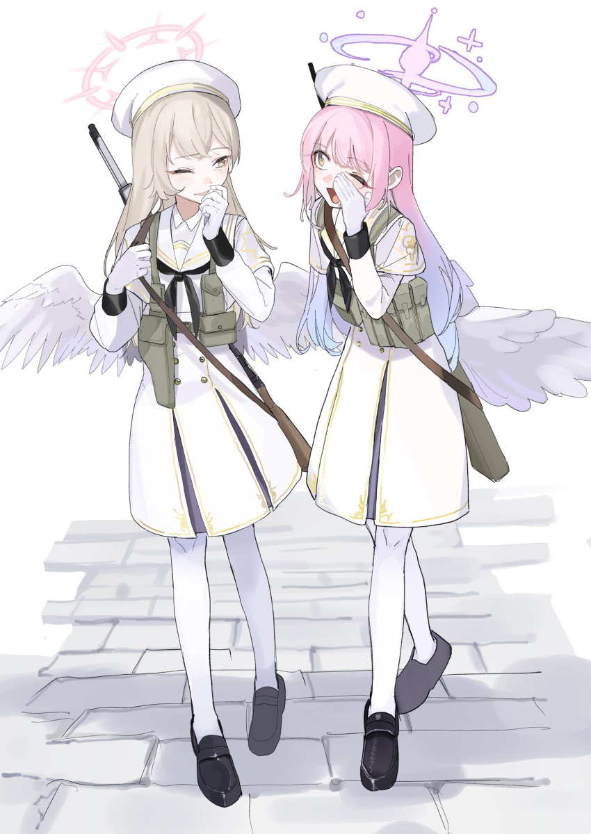 2girls, angel_wings, black_footwear, black_neckerchief, blue_archive, blush, cosplay, dress