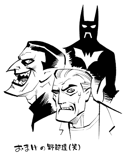 3boys, batman, batman_(series), batman_beyond, black_bodysuit, bodysuit, bruce_wayne, commentary_request