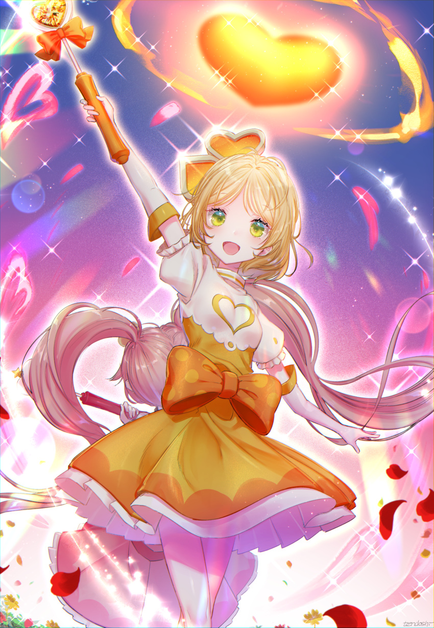 #compass, 1girl, absurdres, arm_up, blonde_hair, dress, elbow_gloves, eyelashes