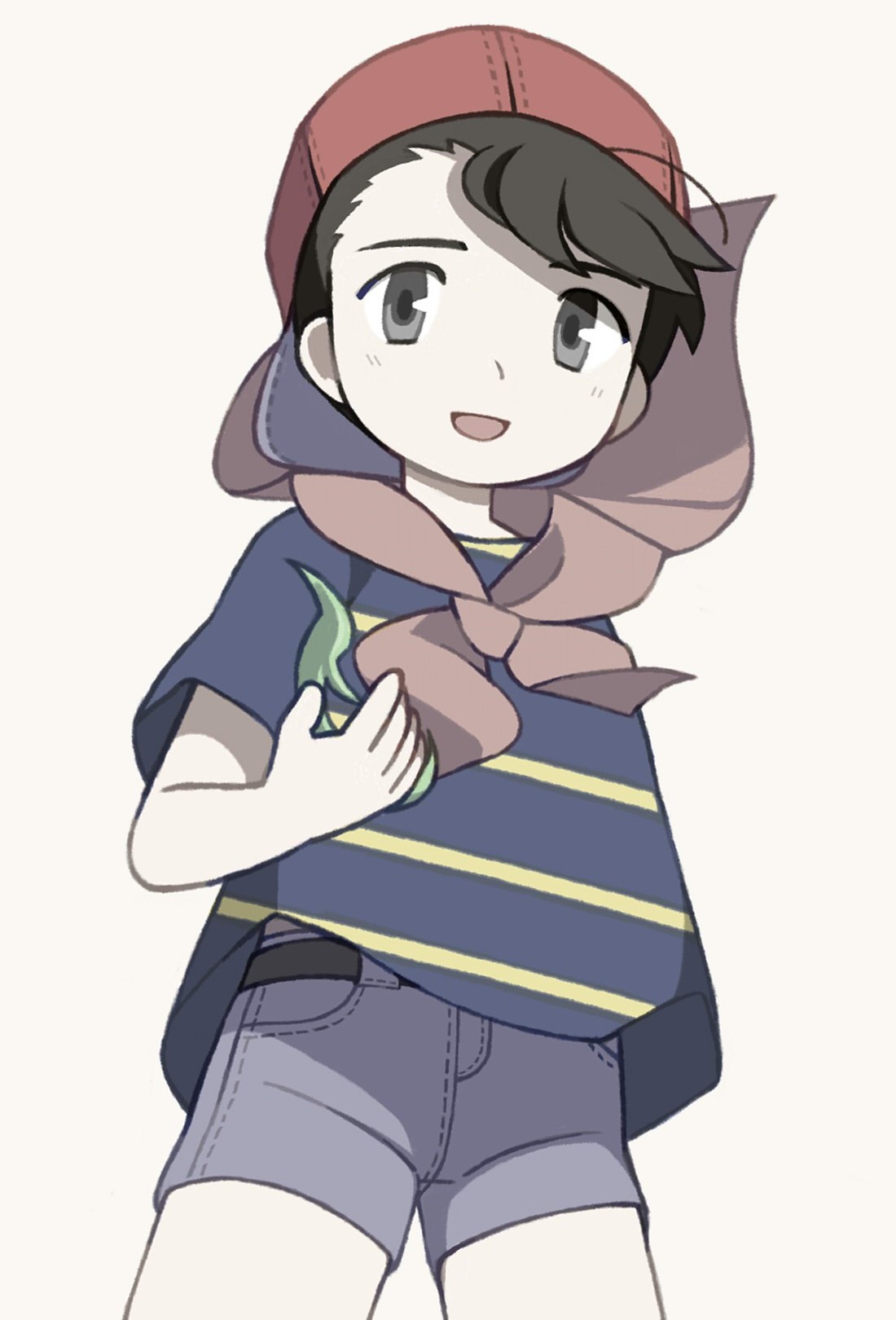 1boy, backwards_hat, bandana_around_neck, baseball_cap, belt, black_belt, black_hair, cowboy_shot