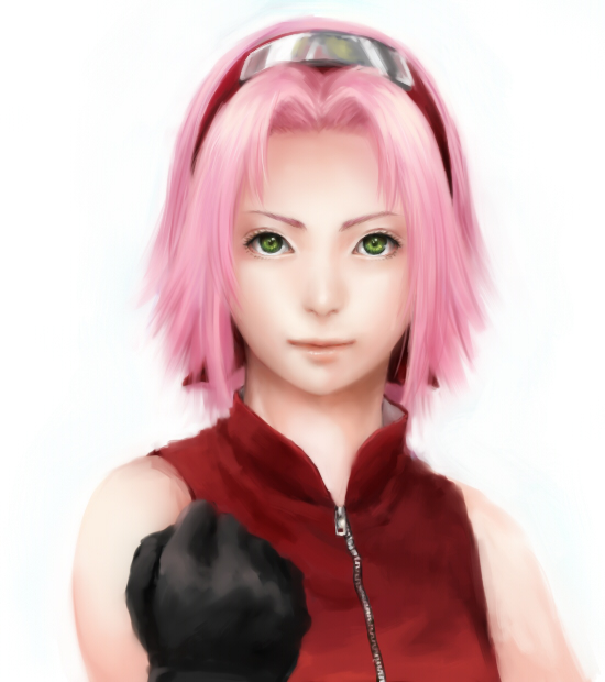 bust, clenched_hand, fist, forehead_protector, gloves, green_eyes, hairband, haruno_sakura, headband, kikutake_ranmaru, naruto, pink_hair, realistic, short_hair, simple_background, smile, solo, zipper