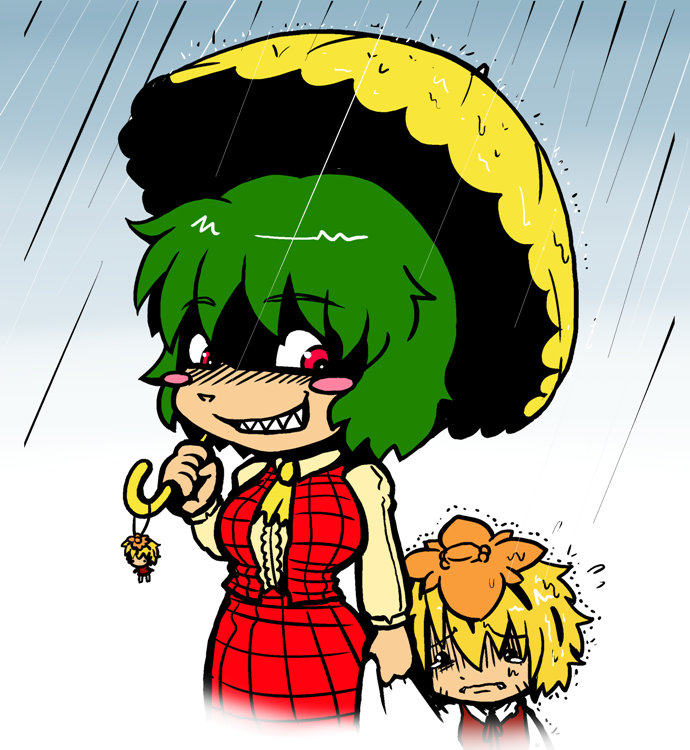 ascot, blonde_hair, blush_stickers, breasts, child, green_hair, hair_ornament, holding_hands, jagged_teeth, kazami_yuuka, keychain, multiple_girls, plaid, plaid_skirt, plaid_vest, rain, rape_face, red_eyes, scared, shaded_face, sharp_teeth, sho_(pixiv), short_hair, skirt, skirt_set, solid_circle_eyes, tears, toramaru_shou, touhou, trembling, umbrella, you_gonna_get_raped, young