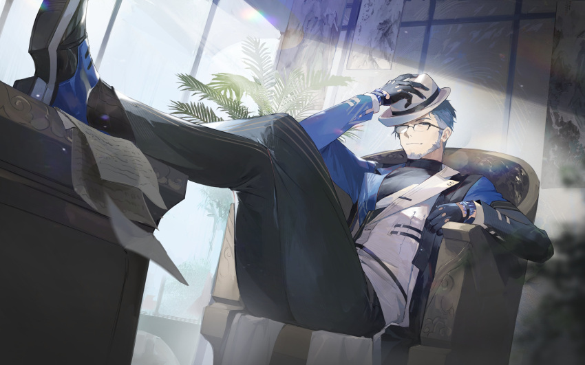 1boy, absurdres, black_gloves, black_pants, blue_hair, chair, closed_mouth, crossed_legs