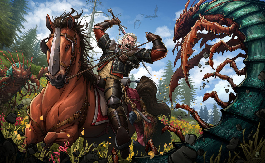 1boy, armor, artist_name, battle, beard, blue_sky, bug, centipede