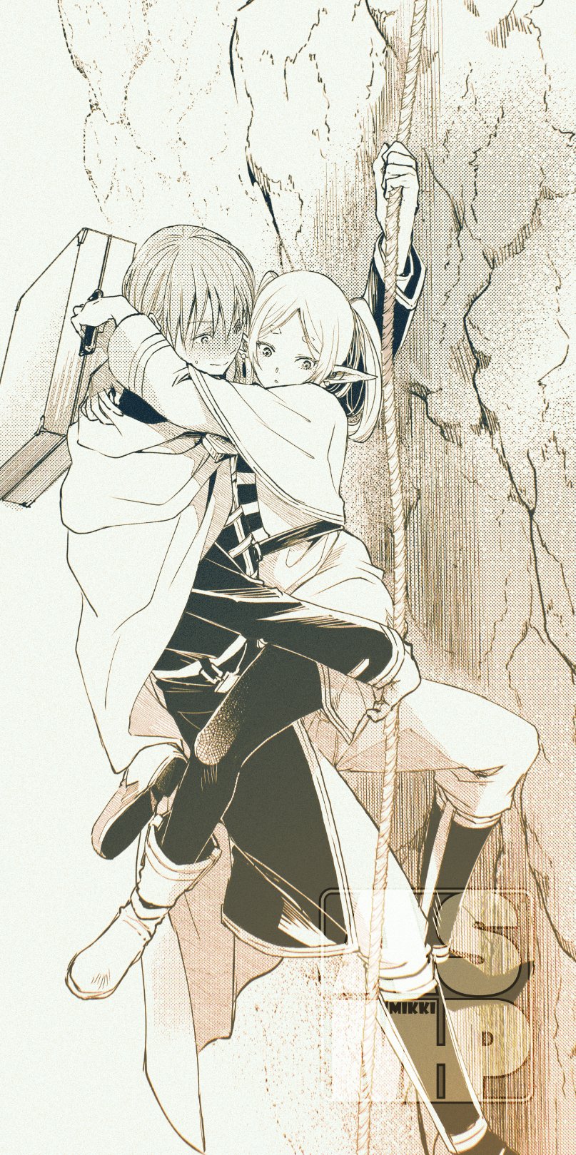 1boy, 1girl, blush, boots, capelet, climbing, cloak, closed_mouth