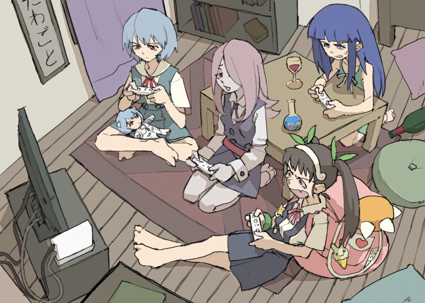 4girls, :3, absurdres, ayanami_rei, backpack, bag, bakemonogatari, barefoot