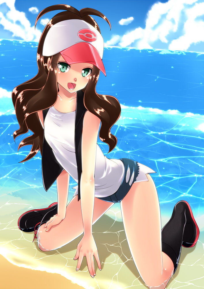 amasora_taichi, antenna_hair, baseball_cap, beach, blush, boots, brown_hair, cloud, clouds, denim, denim_shorts, green_eyes, hat, kneeling, legs, long_hair, ocean, open_mouth, pokemon, pokemon_(game), pokemon_black_and_white, pokemon_bw, sand, short_shorts, shorts, sky, smile, solo, touko_(pokemon), water