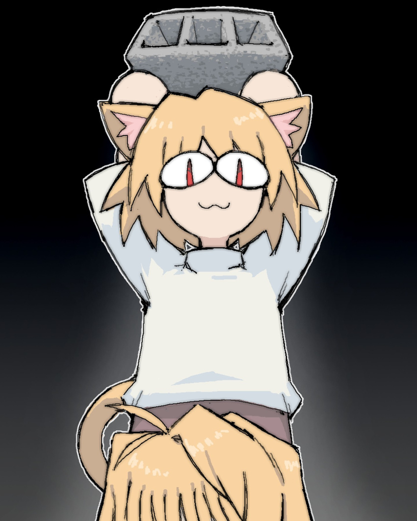 2girls, :3, ahoge, animal_ears, arcueid_brunestud, blonde_hair, carrying_overhead, cat_ears, cat_girl, cat_tail, cinder_block, commentary, highres, holding, multiple_girls, neco-arc, pantsu-ripper, purple_skirt, red_eyes, skirt, slit_pupils, tail, tsukihime