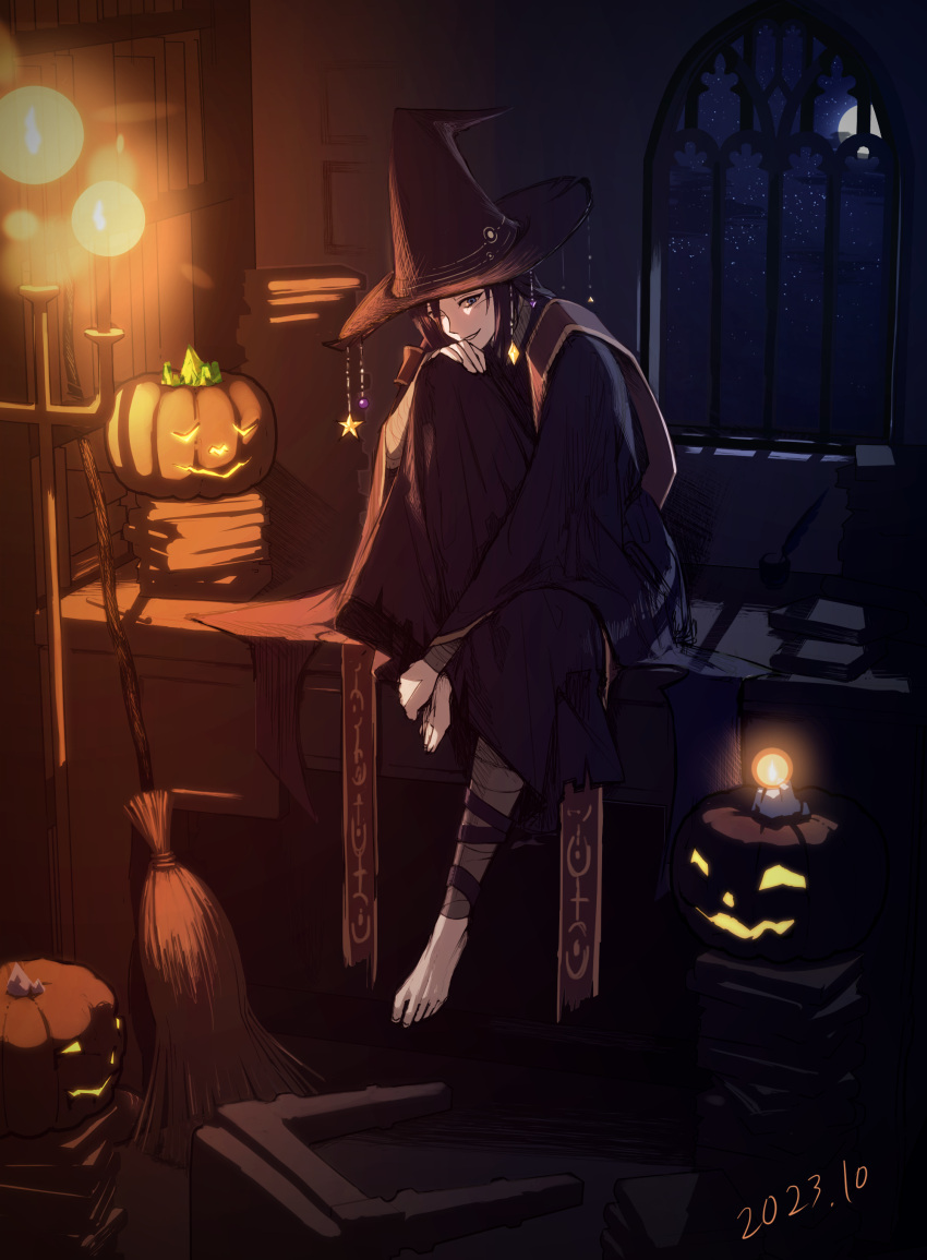 1girl, absurdres, alternate_costume, bandages, barefoot, black_hair, blue_eyes, book