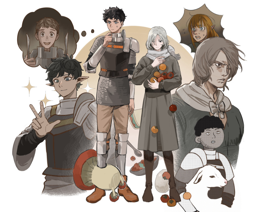 1girl, 3boys, alternate_species, armor, bags_under_eyes, barometz, black_eyes, black_hair