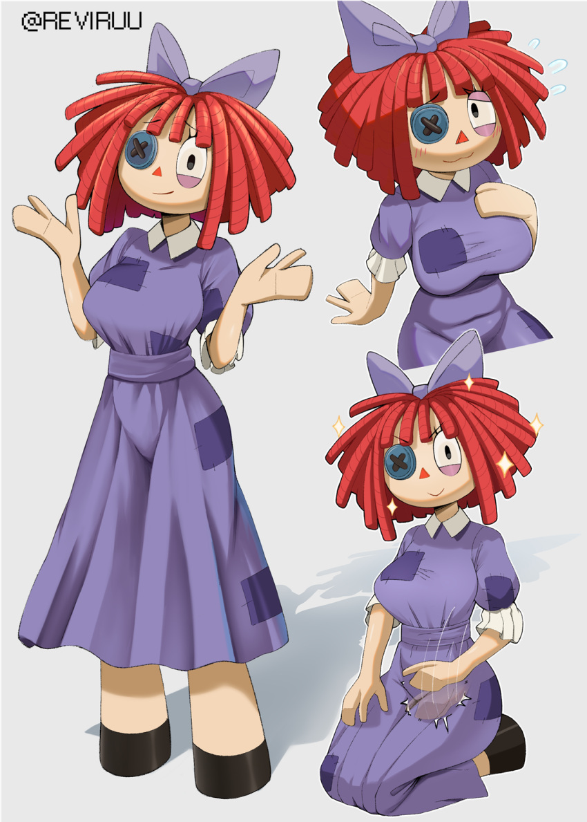 1girl, :3, blush, bow, breasts, button_eyes, buttons, doll, dress, flying_sweatdrops, grey_background, hair_bow, highres, large_breasts, looking_at_viewer, medium_hair, multiple_views, patchwork_clothes, patting_lap, purple_dress, ragatha_(the_amazing_digital_circus), reviruu, seiza, sitting, smile, sparkle, the_amazing_digital_circus, twitter_username