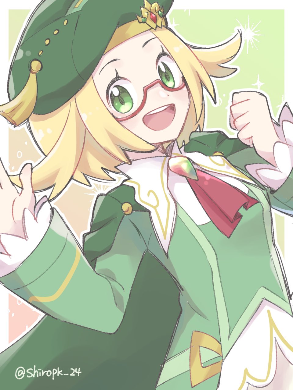 :d, beret, bianca_(champion)_(pokemon), bianca_(pokemon), blonde_hair, cape, clenched_hand, commentary_request