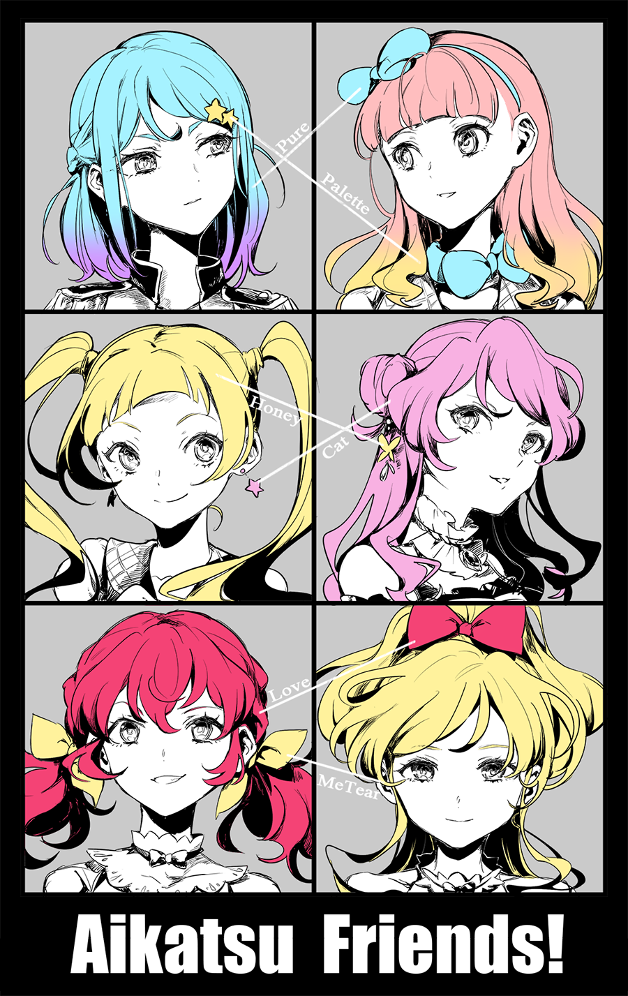 6+girls, aikatsu!_(series), aikatsu_friends!, asuka_mirai_(aikatsu_friends!), bad_id, bad_twitter_id, black_border, blonde_hair, blue_bow, blue_hair, blunt_bangs, border, bow, chono_maika, closed_mouth, copyright_name, earrings, gradient_hair, hair_bow, hair_bun, hair_ornament, highres, hinata_ema_(aikatsu_friends!), jewelry, kamishiro_karen, long_hair, looking_at_another, looking_at_viewer, low_twintails, minato_mio, multicolored_hair, multiple_girls, open_mouth, partially_colored, pink_hair, portrait, purple_hair, redhead, shiontaso, single_hair_bun, smile, star_(symbol), star_earrings, star_hair_ornament, twintails, yuki_aine