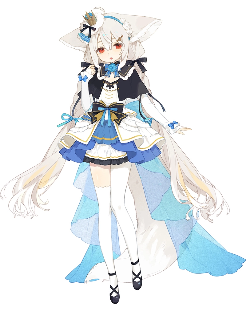 1girl, ahoge, animal_ear_fluff, animal_ears, asymmetrical_legwear, bacheally, black_capelet, black_footwear, black_ribbon, blue_bow, blue_flower, blue_headband, blue_rose, bow, bowtie, braid, bubble_skirt, capelet, child, collar, crown, detached_collar, detached_sleeves, dress, ears_down, elbow_gloves, flower, fox_ears, fox_girl, fox_tail, frilled_sleeves, frills, full_body, gloves, hair_between_eyes, hair_bow, hair_ornament, hand_up, headband, high_collar, large_ears, large_tail, layered_dress, long_hair, looking_at_viewer, low_twintails, mini_crown, open_mouth, original, pantyhose, red_eyes, ribbon, rose, sakurada_shiro_(hy_plus), shoes, short_dress, simple_background, single_leg_pantyhose, single_thighhigh, skirt, sleeveless, sleeveless_dress, sleeves_past_wrists, solo, standing, tail, thigh-highs, twin_braids, twintails, uneven_legwear, very_long_hair, white_background, white_dress, white_hair, white_pantyhose, white_sleeves, white_thighhighs