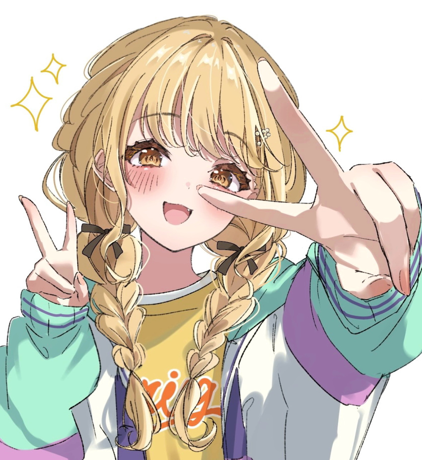1girl, blonde_hair, blush, braid, commentary, double_v, fang, foreshortening, fujita_kotone, gakuen_idolmaster, hair_ribbon, highres, idolmaster, jacket, long_hair, looking_at_viewer, multicolored_clothes, multicolored_jacket, opera_(rawz3335), ribbon, shirt, simple_background, smile, solo, sparkle, symbol-only_commentary, twin_braids, upper_body, v, white_background, yellow_eyes, yellow_shirt